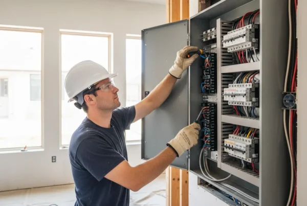 Electrician upgrading electrical panel in North Texas home renovation