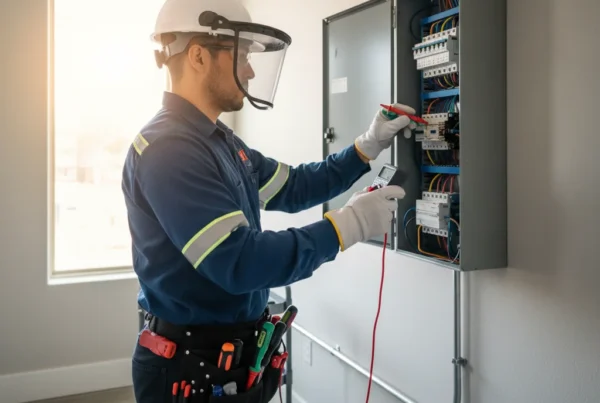 Master electrician working on residential electrical panel in North Texas home