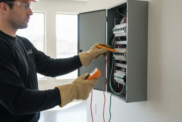 Electrician inspecting residential electrical panel in North Texas home