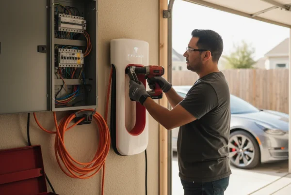 Electrician installing Tesla EV charger in North Texas home garage