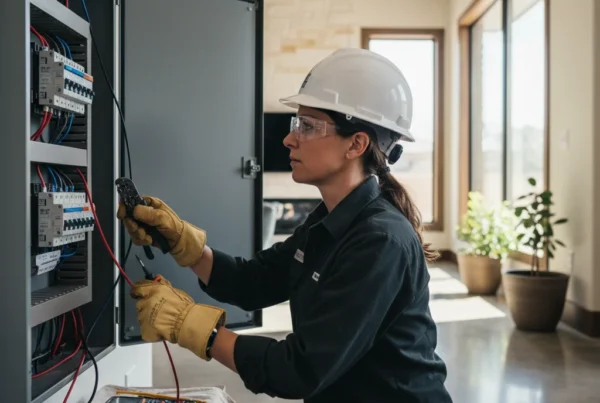 licensed electrician working on home electrical panel in North Texas