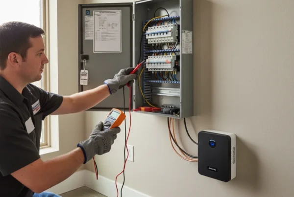Electrician upgrading electrical panel inside North Texas home